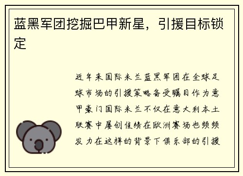 蓝黑军团挖掘巴甲新星，引援目标锁定
